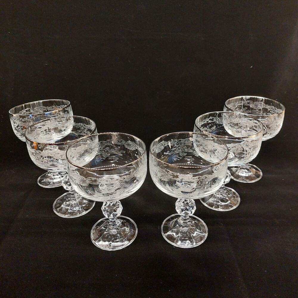 Vintage Bohemia Crystal Silver Lace Champagne Coupes Set 6 Platinum Rim Glass